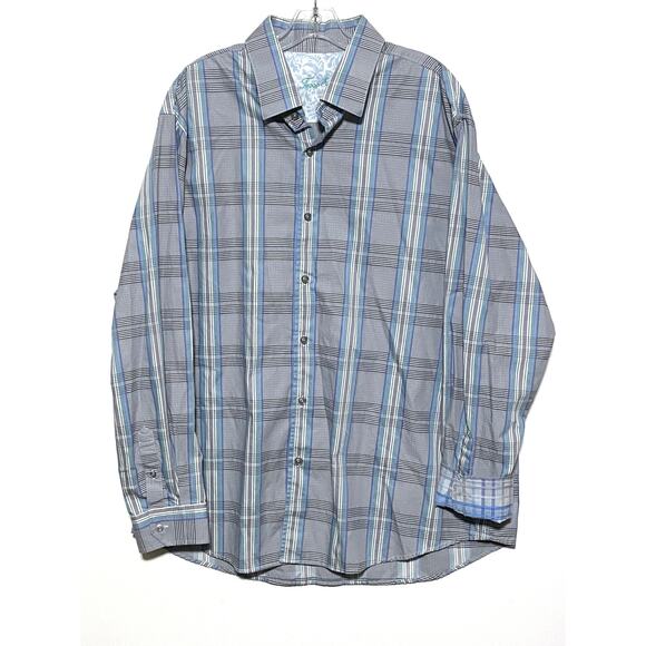 Tasso Elba Button Down Flip Cuff Shirt Gray Blue Green Plaid Mens XXL 18-18.5 - Picture 1 of 6